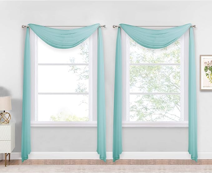 NICETOWN Pool Blue Decorative Window Scarfs, Fresh Color Chic Voile Sheer Curtains Flexible Valances for Beach House & Nursery Decor, Set of 2, W60 x L216