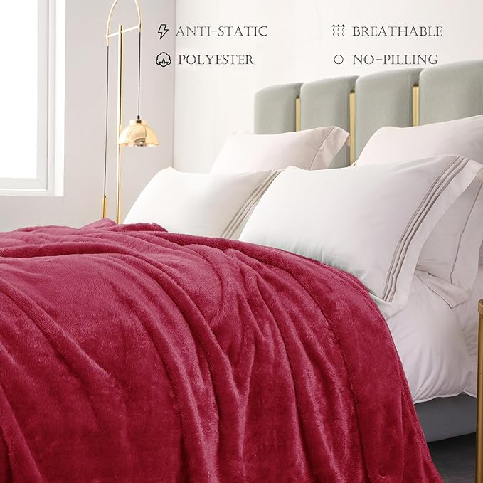 Exclusivo Mezcla Plush Fuzzy Fleece Bed Blanket King Size, Super Soft, Fluffy and Warm Blankets, Suitable for All Seasons (Deep Red, 90x104 Inches)