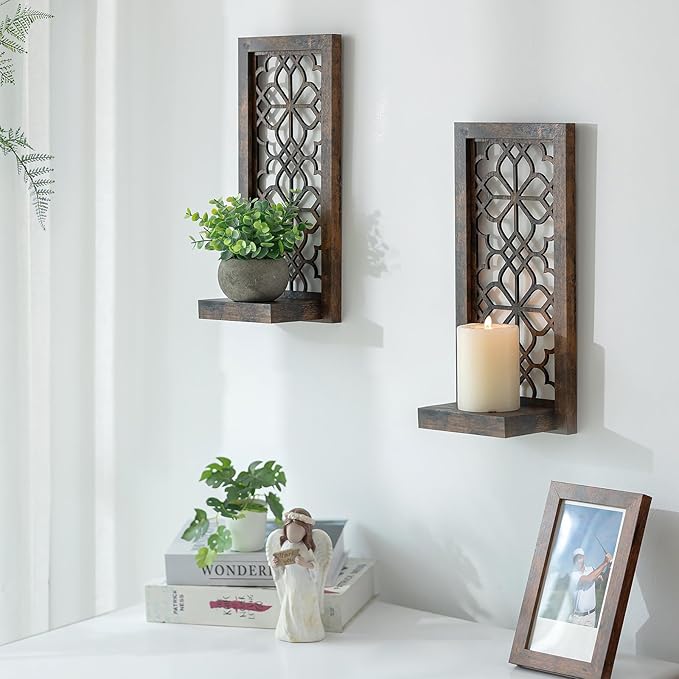 Wall Candle Holder for Farmhuose Decor: Decorative Rustic Folating Shelves Candle Sconces for Pillar Candles - Brown Wood Wall-Mounted Candle Shelf for Bathroom Fireplace