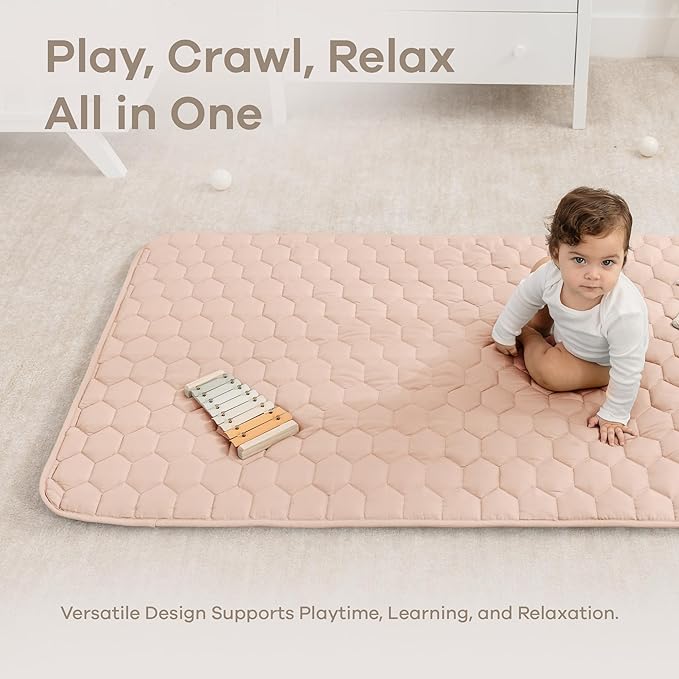 Comfy Cubs Rectangle Kids Play Mat - Small 36 x 60 inches Soft Quilted Baby Floor Mat with Non-Slip Bottom - Plush Design for Toddlers' Playtime and Relaxation - Comfortable and Durable - Blush