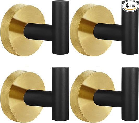 4 Pack Robe Towel Hooks Coat Black Gold Wall Hook Stainless Steel Heavy Duty Door Hanger Towel Robe Clothes Cabinet Closet Sponges Hook for Bathroom Bedroom Kitchen Hotel Pool