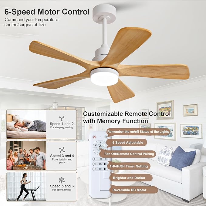 BOJUE 42 Inch Outdoor Ceiling Fans with Lights and Remote Control, Dimmable 5 Blade Wood Outdoor Ceiling Fans for Patios, White Natural Wood Bedroom Ceiling Fan with Lights, Noiseless DC Motor