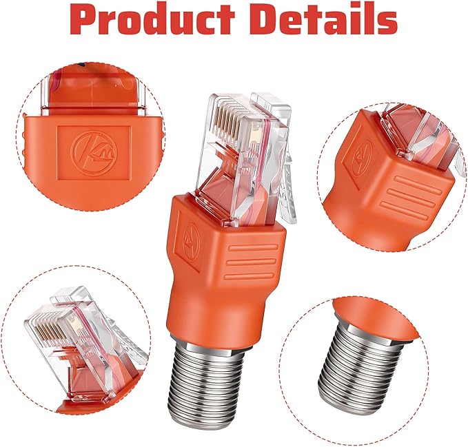 Coax to Ethernet Adapter 2PCS F-Type Female to RJ45 Male Coaxial Converter, Orange F Female-to-RJ45 Male Ethernet Adapter, Coax-Straight Connector Coaxial Coupler Coax Straight Connector