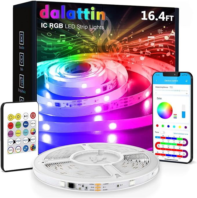 dalattin LED Strip Lights IC+RGB, 5050 Led Lights for Bedroom, DIY Multiple Colors on One Line, Led Lights with Remote&App Control,Color Changing LED Strip Lighting Music Sync,Halloween Gifts, 16.4ft