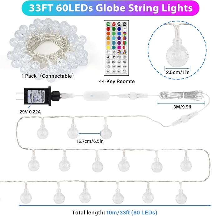 Color Changing String Lights Plug in, 33ft 60LED Connectable Crystal Globe String Light Remote, Decorative Outdoor Twinkle Lights for Girl Gift Bedroom Patio Garden Tent Camp Party Christmas Décor