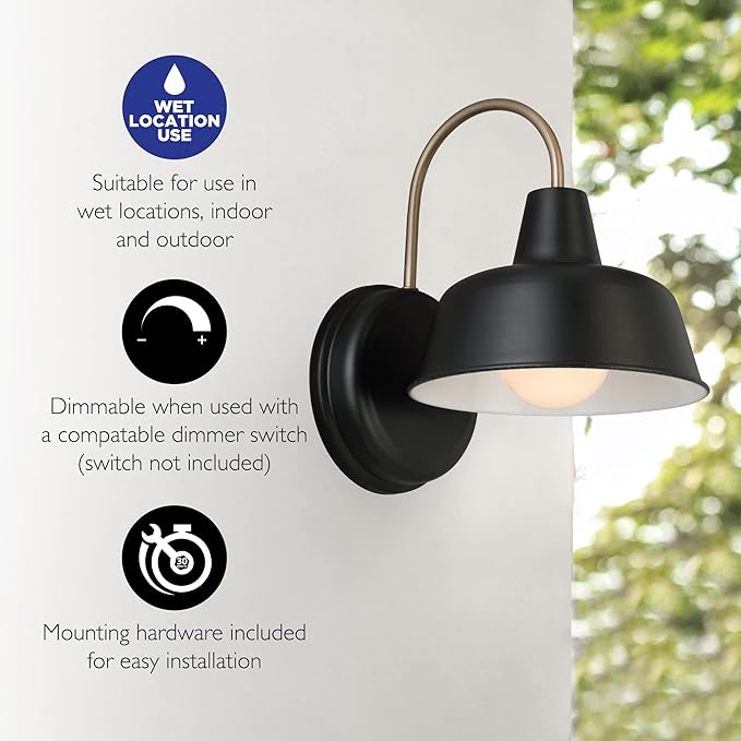 Design House Mason Barn Light Indoor/Outdoor Wall Mount Modern Industrial Farmhouse Wall Light for Patio, Garage, Bathroom, Office, Kitchen, 8-Inch, Matte Black and Gold, 588285