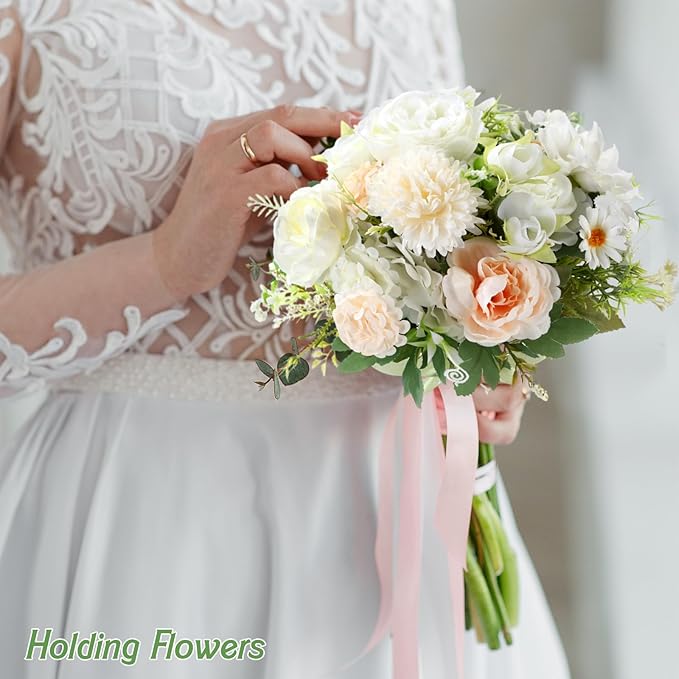Zeyune 12 Bundles Artificial Peonies Flowers Artificial Silk Rose Faux Dahlia Fake Chamomile Hydrangea Bouquet Bulk for Vase Home Wedding Centerpiece Party Decoration(Cream White,Classic)