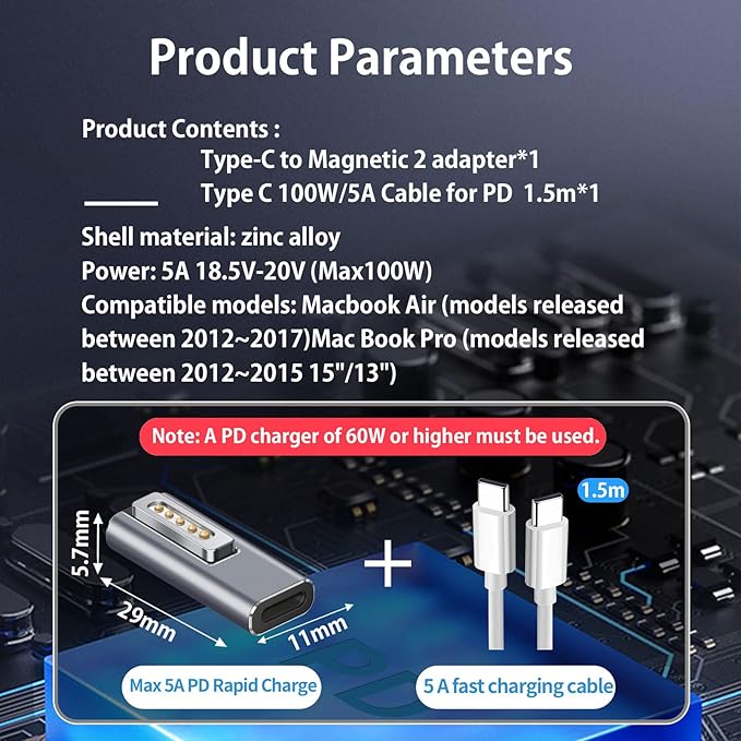 Magnetic USB C to Magnetic 2 Male to Female Adapter Safe 2 PD 100W Power Fast Charging Converter for 2013-2015 MacBook Pro Air with 100W/5A USB C Cable (1.5M)