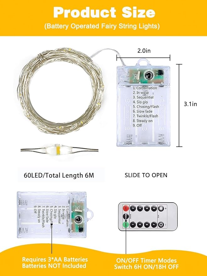 8 Pack Christmas Fairy Lights Battery Operated with Remote, Each 20FT 60LED Waterproof Twinkle Lights with Timer, String Light Indoor & Outdoor for Bedroom Wedding Christmas Decoration(Warm White)