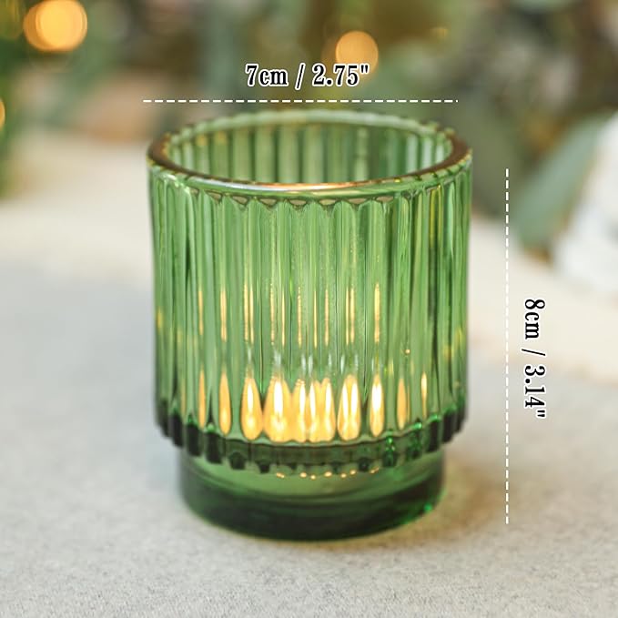 Vintage Ribbed Green Glass Tealight & Votive Candle Holders (Set of 6), Wedding Bridal Shower Party Table Decor, Fall Decor, Boho Decor, Shelf Decoration