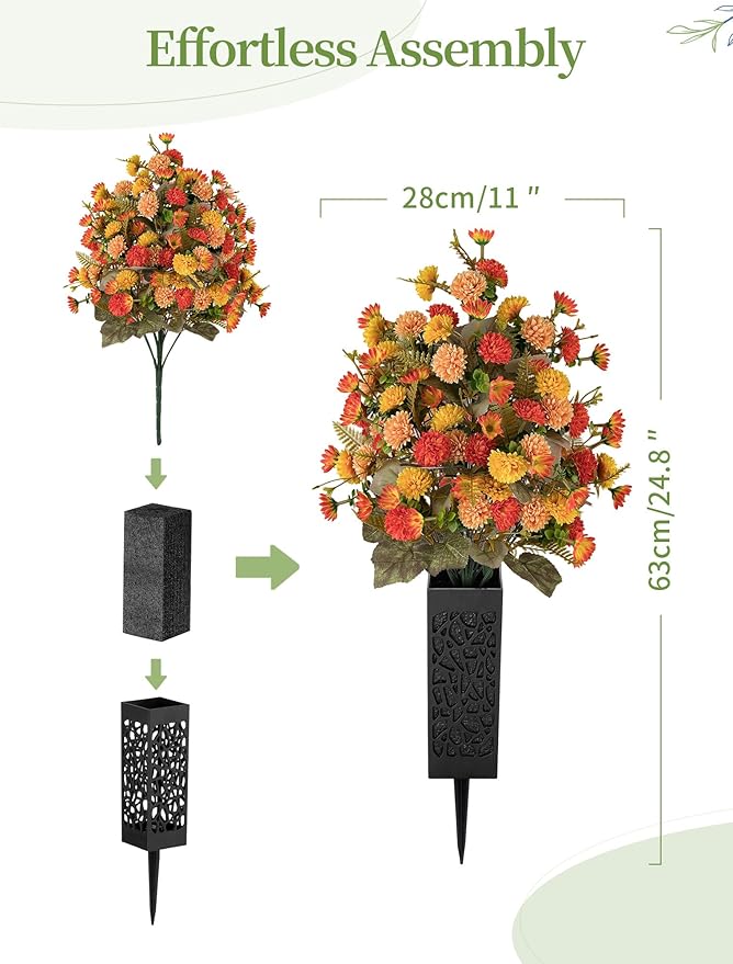Artificial Cemetery Flowers for Grave: 2 Pcs Fake Fall Flowers for Cemetery Orange Mums Bouquets with Vases - Outdoor Grave Decorations