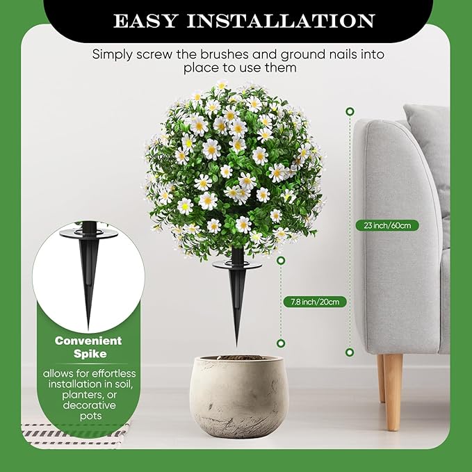 23" Set of 2 Artificial Boxwood Topiary Ball with Sunflower Flowers with Spikes for Outdoor, UV Resistant Faux Greenery Shrubs, Realistic Fake Bushes Plants for Garden, Yard, Front Porch, Patio Decor