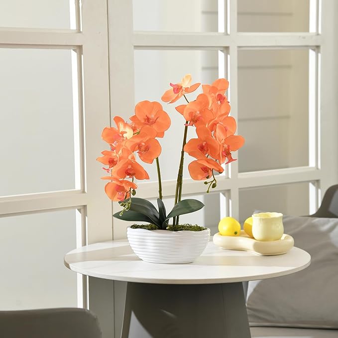 Large Artificial Potted Orchid Plant, Silk Flower Arrangement with Ceramics Vase, Orange