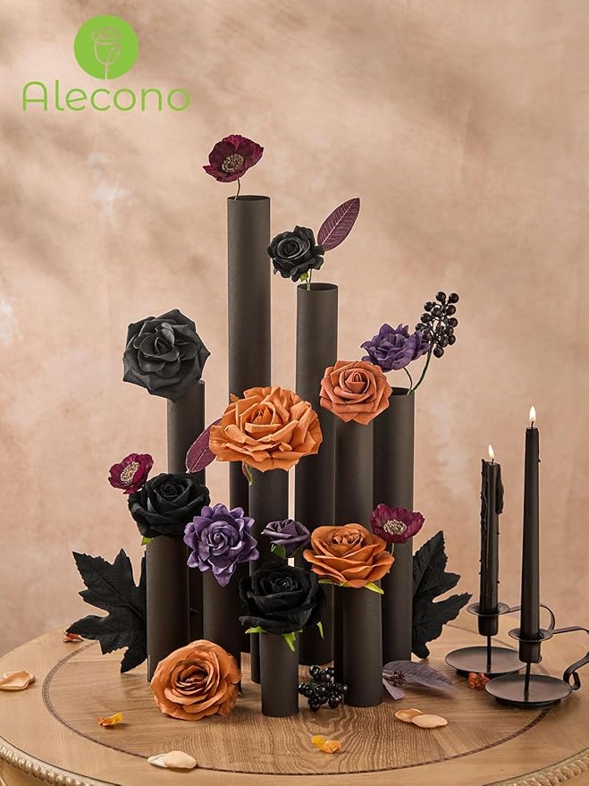 Alecono Artificial Flowers, Orange and Purple Silk Fake Flowers for DIY Wedding Bridal Bouquets, Cake Flowers for HalloweenTable Centerpieces Party Home Decorations