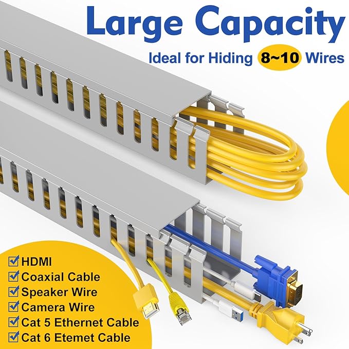 Open Slot Wiring Raceway Cable Duct, 123in Cable Management Channel Cord Track,Desk Wire Channel, Under Desk Cable Management to Hide Cables, Wires for Computers (Grey, 1.57" Hx1.57 W, 15.4''L(8 Pc))