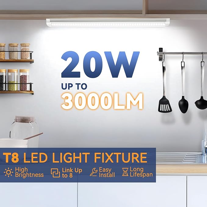 CNSUNWAY 1.5FT LED Shop Light, 20W High-Efficiency Under Cabinet Lighting (6000K Cool White), V-Shape T8 Tube Fixtures – 18" Linkable Under Counter Lights for Kitchen, Workbench, Workshop, 2 Pack
