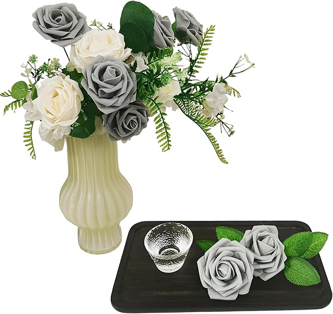 Grey Roses Artificial Flowers 25 PCS, Fake Rose Flower Heads Flowers with Stem for DIY Bouquets Wedding Decorations Centerpieces Arrangements Party Home Decor