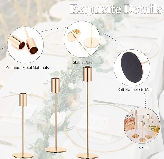 Set of 6 Gold Taper Candle Holders, Metal Gold Candlestick Holders, Tall Candle Holder, Fits 3/4 inch Thick Candle&Led Candles, for Table Centerpiece, Wedding, Dinning, Party Home Decor