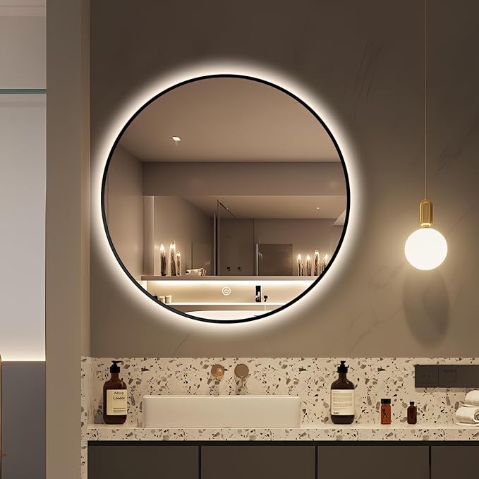 28" Round LED Bathroom Mirror, Wall Mounted Backlit Vanity Mirror with 45° Beveled Frame Lighted Mirror for Bedroom, Fog Free 3-Color Dimmable Lights Memory Function, Black