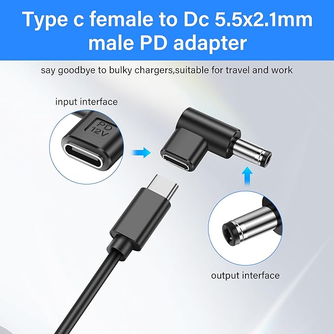 PNGKNYOCN 12V USB C to DC 5.5 x 2.1mm Converter,90 Degree DC 5.5 x 2.1mm Male to USB C Female PD Emulator Trigger Adapter,for Camera, Router，LED Light（4-Pack）