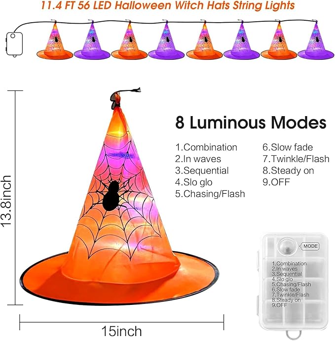 Twinkle Star 8 Pcs Lighted Hanging Witch Hats, Halloween Decorations Lighted Witch Hats with Remote Control String Lights, Battery Powered with 8 Lighting Modes for Garden, Yard, Tree
