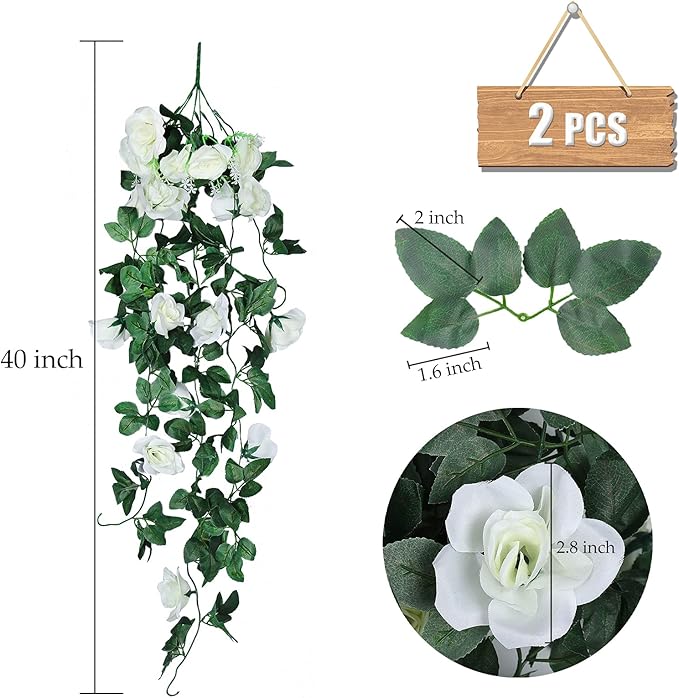 RECUTMS Artificial Plants Hanging 2Pieces 3.3Ft Rose Plant Flowers Vines Wedding Home Office Arch Arrangement Decoration (White)