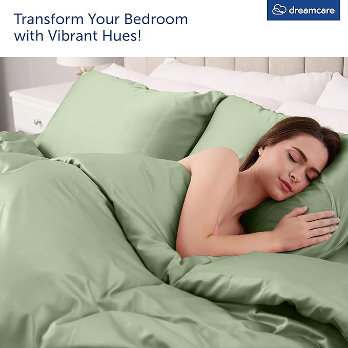 DREAMCARE Queen Size Sheets - Cooling Bed Sheets - 4pcs Set - up to 15" Deep Pocket Queen Sheet Set - Sheets Queen Size Bed - Soft & Long Lasting 100% Fine Microfiber with Side Pocket - Sage Green