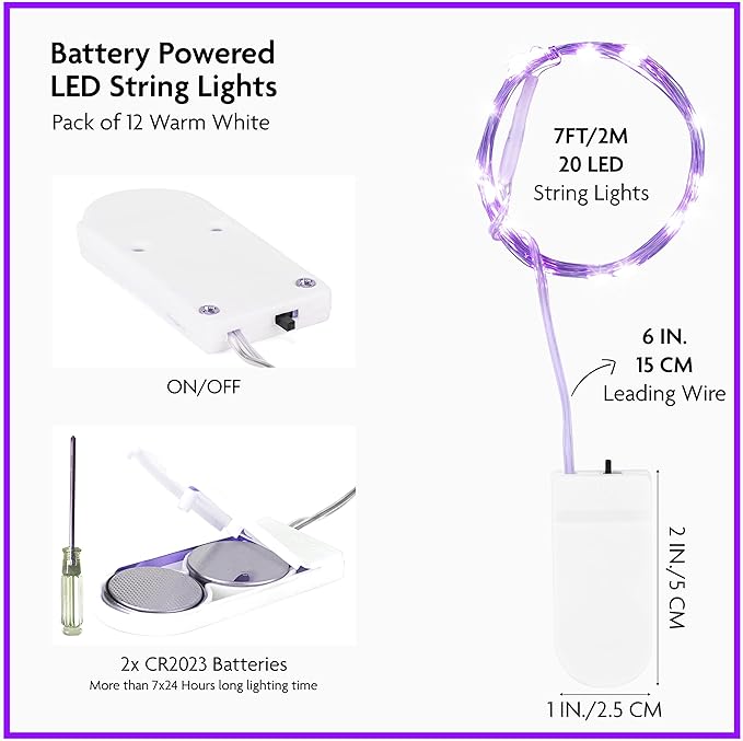 12-Pack LED Fairy Lights 7 Feet Battery Powered Waterproof Silver Wire 20 Slim Copper Wire Pastel Lights for DIY Wedding Party Bedroom Patio Easter Christmas (Purple)