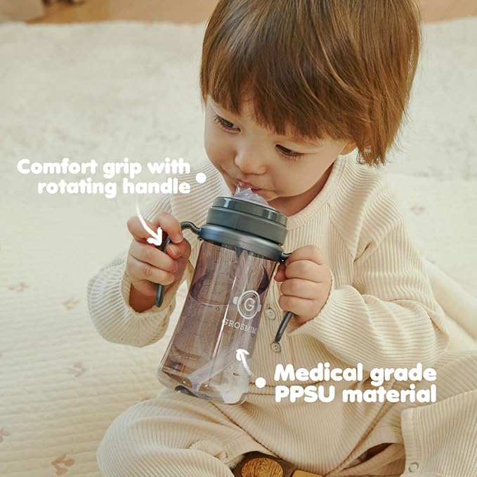 GROSMIMI Spill Proof no Spill Magic Sippy Cup with Straw with Handle for Baby and Toddlers, Customizable, PPSU, BPA Free 6 oz (Charcoal)