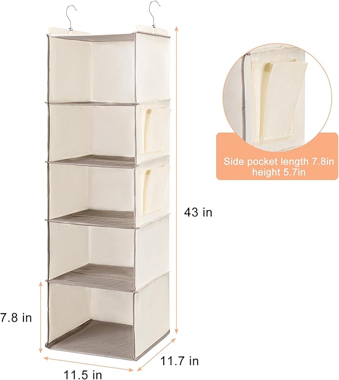 BOOMIBOO Hanging Closet Organize and Shelves，5-Hanging Shelf with 2 Side Pockets，Storage Foldable （Beige）