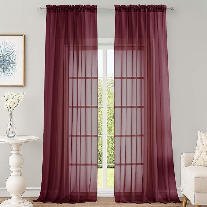 OWENIE Burgundy Sheer Curtains 108 Inches Long for Living Room Bedroom 2 Panels Set, Lightweight Airy Burgundy Sheer Curtain, Filmy Rod Pocket, 2 PCS, Each 59" W x 108" L