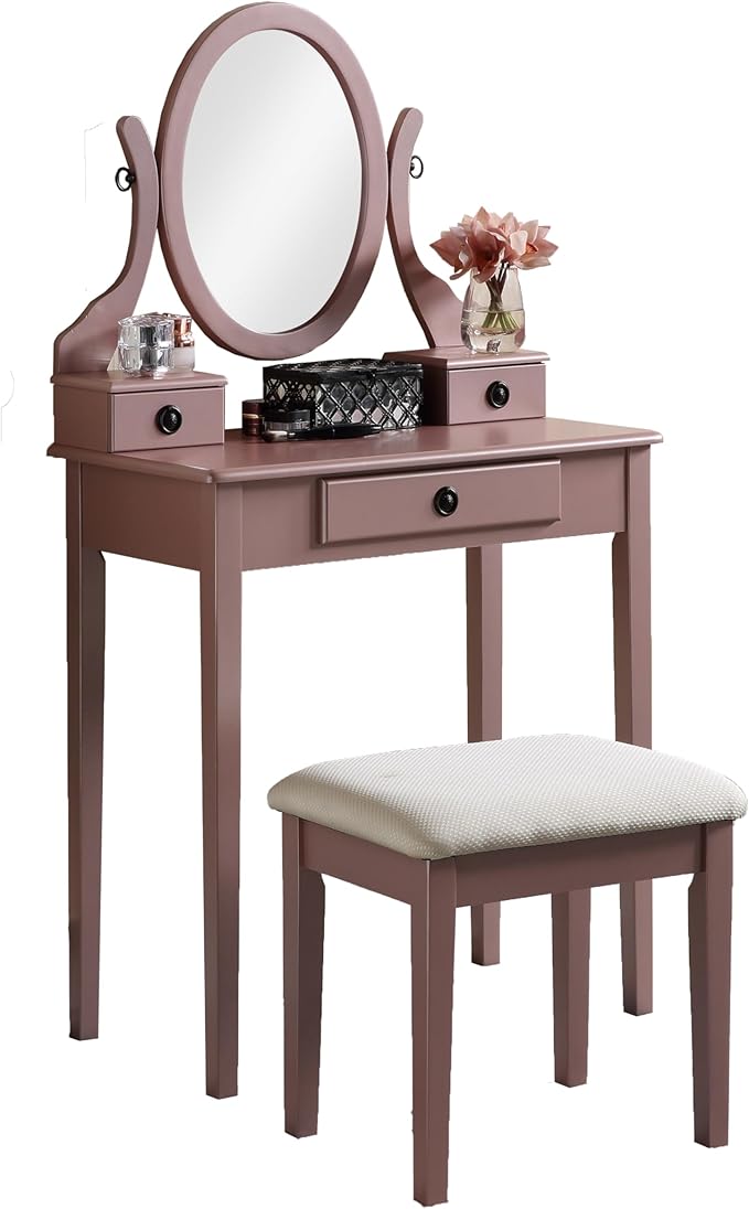 Roundhill Furniture Moniys Wood Moniya Makeup Vanity Table and Stool Set, Rose Gold