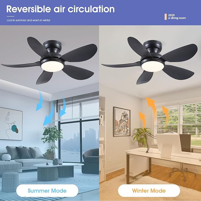 36 Inch Modern Ceiling Fans with Lights, Small Flush Mount Ceiling Fan with Light and Remote/APP Control, 5 Reversible 6 Speeds Curved Blades, 3 CCT Dimmable Lights for Bedroom, Black
