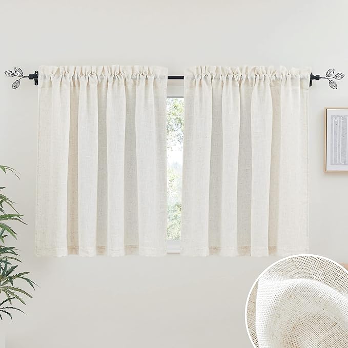 RYB HOME Flax Linen Blend Curtains - Semi Translucent Privacy Kitchen Valances, Light Glare Control Short Small Window Curtains for Bathroom Closet RV, 52" W x 36" L, 2 Pcs, Linen