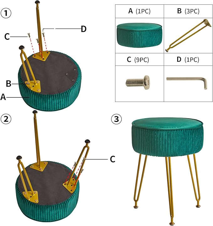IBUYKE Velvet Round Footrest Stool Ottoman, Makeup Vanity Stool Side Table, Velvet Dressing Table Seat, Pouf Couch Stool, Golden Steel Legs, Green LG-30L