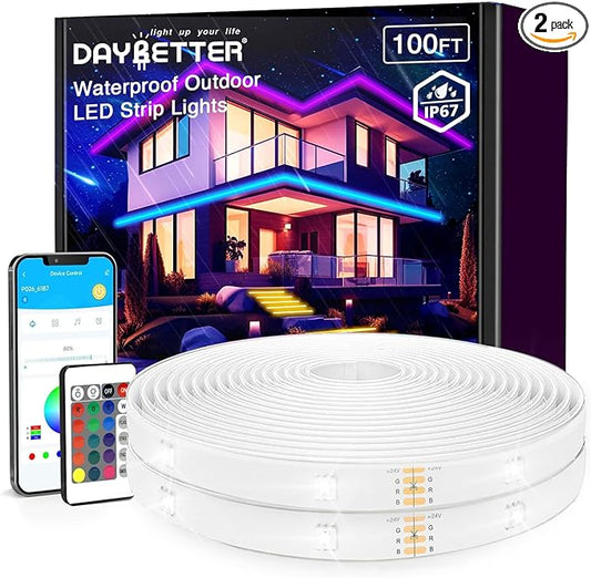 Outdoor LED Strip Lights Waterproof 100ft, IP67 Waterproof LED Light Strips with Remote, Music Sync APP Control, RGB Color Changing LED Lights for Eaves, Roof, Pool, Patio, Outdoor Decorations