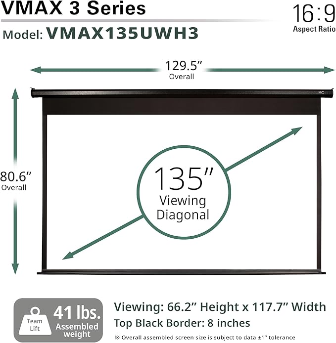 Elite Screens VMAX 3 Series, 135-INCH 16:9 Wall Ceiling Electric Motorized Drop Down Projection Projector Screen, VMAX135UWH3