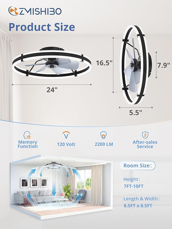 ZMISHIBO 24 Inch Ceiling Fans with Lights and Remote, Modern Low Profile Ceiling Fan, 3000-6000K Dimmable Flush Mount LED Fan Light, 6 Wind Speeds, Fandelier Ceiling Fans for Bedroom- Black