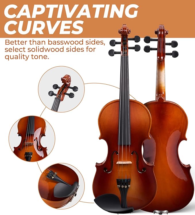 Vangoa Violin 1/4 Size Set Fiddle Outfit, Handcrafted Quarter Starter Acoustic Violins Kit with Solid Wood Side Board Lightweight Hard Case for Beginners Students, Child, Kids, Adults, Right Handed