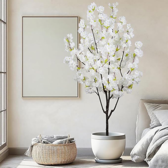 Indoor Cherry Blossoms Tree White Artificial Cherry Blossom Tree 6FT Faux Bedroom Trees for Home Decor