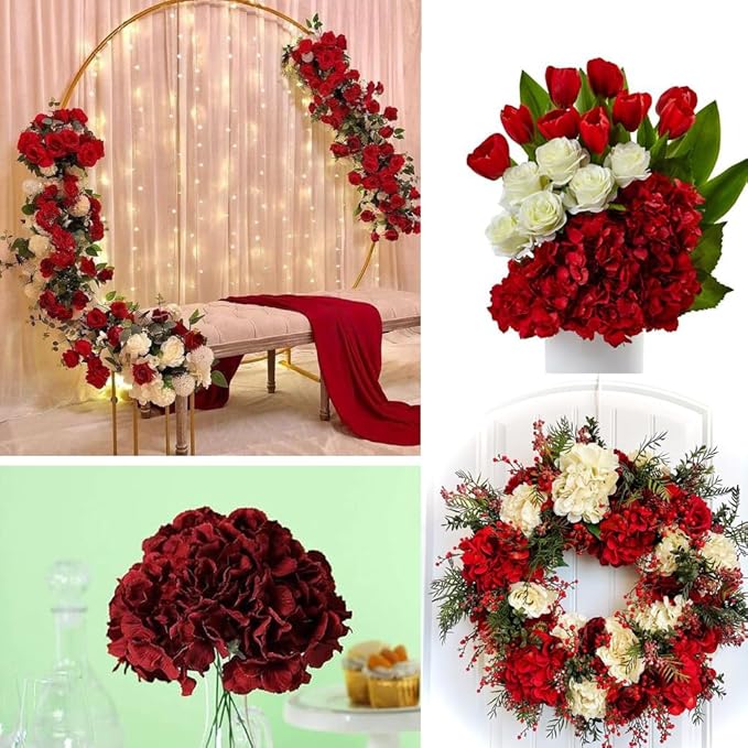 20 Pcs Dark Red Hydrangea Artificial Flowers Bulk, Faux Hydrangea Flowers Heads, Artificial Fake Silk Hydrangea Flowers with Stems, Red Flowers Artificial for Decoration Wedding Décor