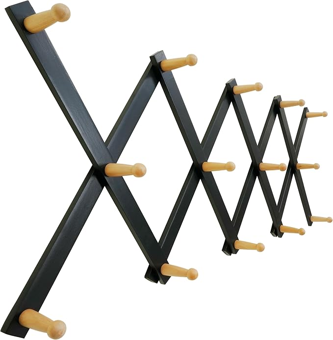 SKOLOO Hat Rack for Wall with 14 Hooks, Solid Wooden, Modern, Expandable Coat Rack Wall Mount for Coats, Hats, Bags, Baseball Caps, Natural on Black
