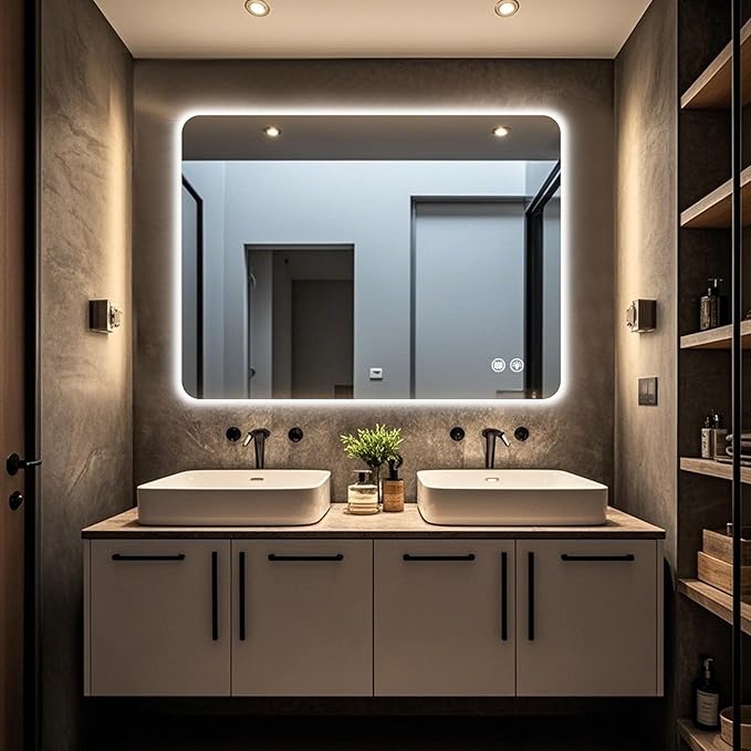 40‘’x30'' Lighted Mirrors for Bathroom Wall Backlit Rectangular Rounded Corners, LED Bathroom Mirror Frameless with Lights Anti Fog, Dimmable, 3 Colors,Tempered Glass, Shatter-Proof (Color 2)