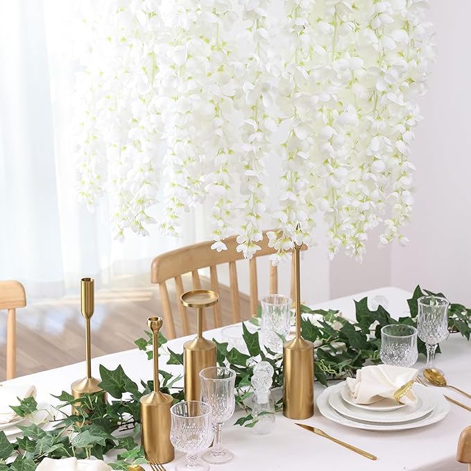 mizii 6Pcs White Wisteria Hanging Flowers 48" Silk Wisteria Artificial Flowers Garland Vines Fake Hanging Flowers Decoration for Wedding Flower Wall Backdrop Centerpieces Party Room Decor (White)