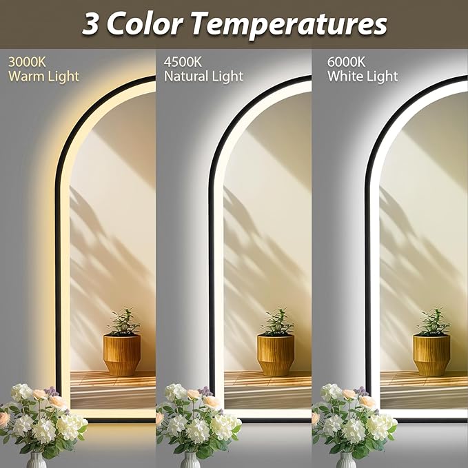 Arch Vanity Mirror with Lights, 24x36 Inch Led Mirror for Bathroom, Wall-Mounted Mirror with Anti-Fog, Memory Function, 3 Color Temperature, Dimmable Led Bathroom Mirror