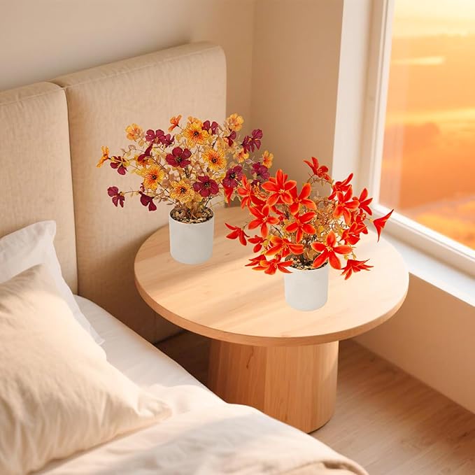 Fake Potted Plants 8pcs, Artificial Fall Flowers with Vase, Autumn Harvest Decoration for Home Indoor Outdoor, Table Plants Farmhouse Decor for Kitchen, Bedroom, Living Room, Bathroom