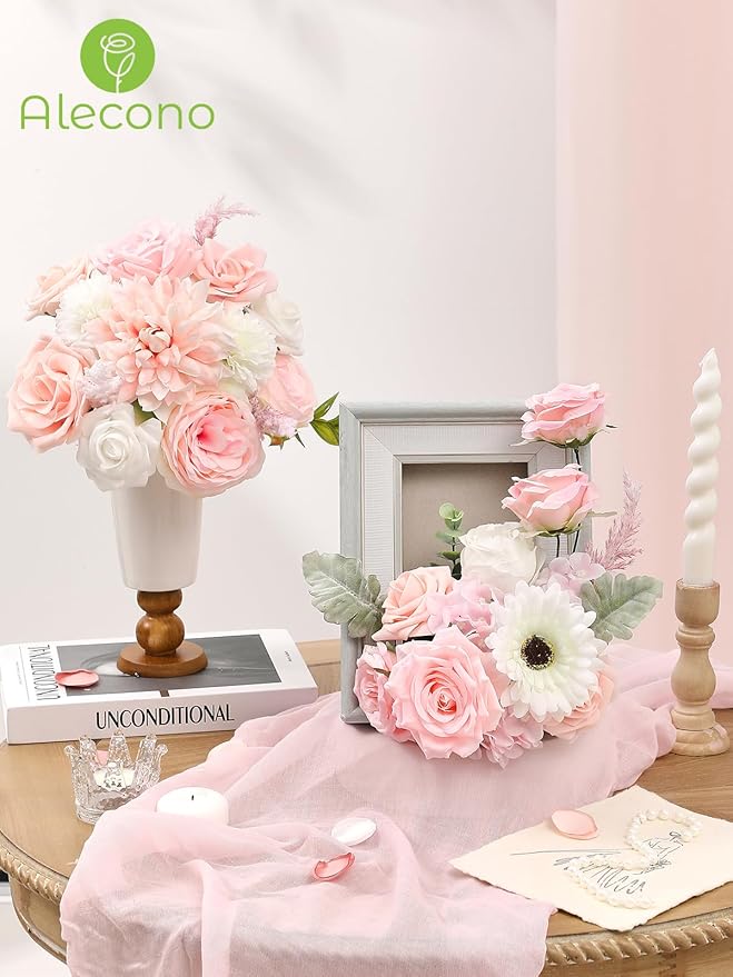Alecono Artificial Flowers, Pink Fake Flowers Combo Box with Stems for DIY Wedding Bridal Bouquets, Cake Party Table Centerpieces Home Decor