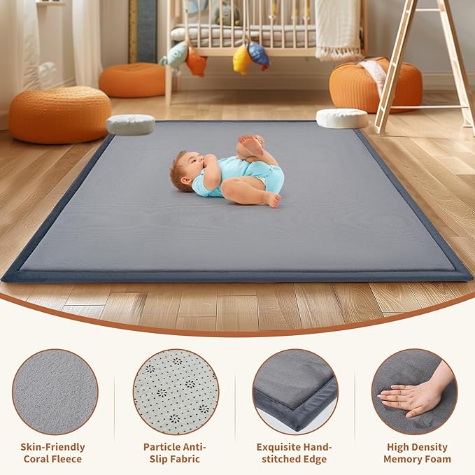 SUNYRISY Baby Play Mat for Floor, 1.4in Thick Memory Foam Padded Play Mats for Baby, Soft Velvet Infants Toddler Kids Play Mat Non-Slip Bottom, Crawling Baby Rugs for Nursery 80x80in