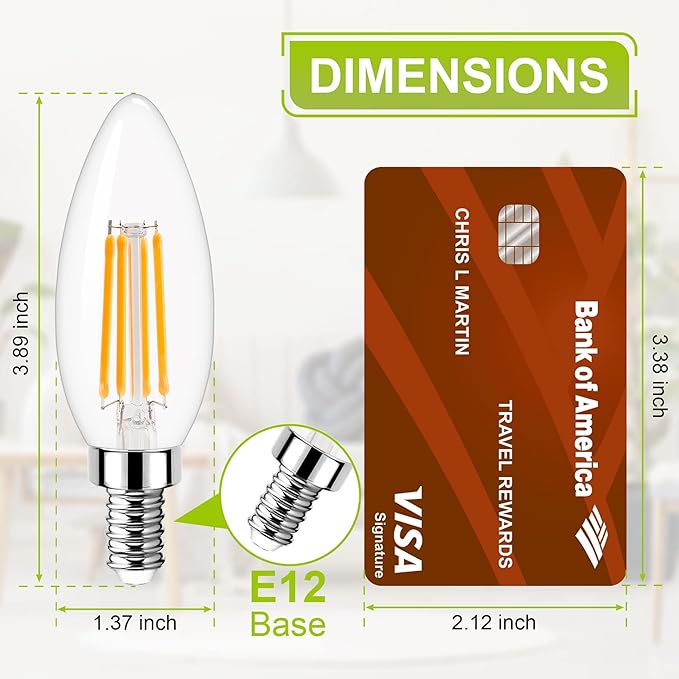 Dimmable Candelabra LED Light Bulb 40W Equivalent, E12 Chandelier Light Bulbs Warm White 3000K , 400LM, CRI 85+, B11 Type B Ceiling Fan Bulb 4W, Clear Filament Candle Light Bulbs Small Base, 10 Pack