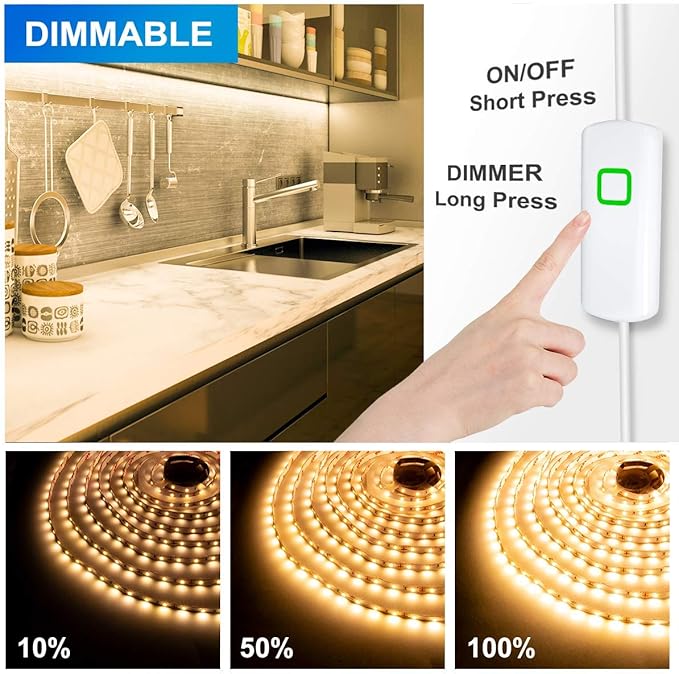 MYPLUS Under Cabinet Led Lighting, 16.4ft LED Strip Lights Kit with Dimmer Control for Kitchen, Cabinet, Shelf, Counter, Bedroom and Décor, Warm White 3000K, 1050LM